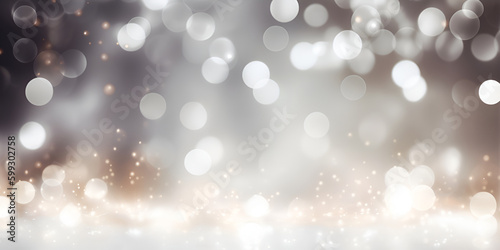 Shining blurred dark silver bokeh background with glitters and lights. Glowing silver black holiday banner for christmas, new year and other celebration with bokeh lights and copy space. Generative AI