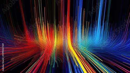 3d render, abstract panoramic neon, light speed background. Bright purple violet pink lines glowing in ultraviolet light, generative ai, futuristic path. 