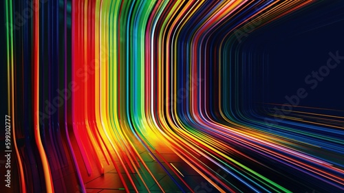 3d render, abstract panoramic neon, light speed background. Bright purple violet pink lines glowing in ultraviolet light, generative ai, futuristic path. 