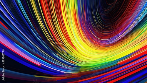 3d render, abstract panoramic neon, light speed background. Bright purple violet pink lines glowing in ultraviolet light, generative ai, futuristic path. 