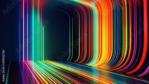 3d render, abstract panoramic neon, light speed background. Bright purple violet pink lines glowing in ultraviolet light, generative ai, futuristic path. 