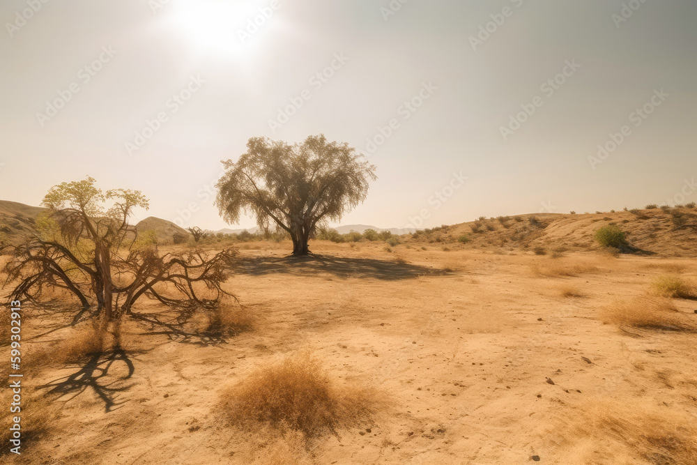 Obraz premium Scorching summer heatwave over barren and parched landscape. The unforgiving sun beats down relentlessly, a stark reminder of the devastating impact of climate change on our planet. Generative AI.