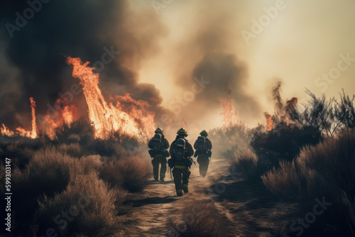 Wallpaper Mural Team of brave firefighters marching towards a massive wildfire. Generative AI. Torontodigital.ca