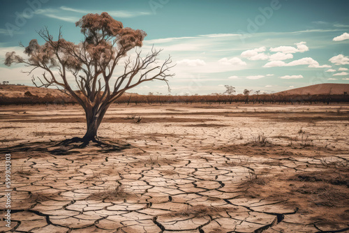 Devastating draught. A single tree stands in a barren  cracked landscape  a symbol of the lasting impact of drought  highlights the impact of climate change on our planet s ecosystems. Generative AI