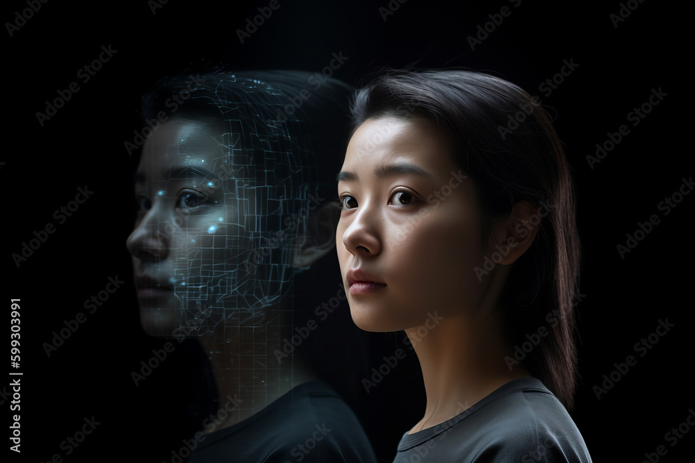Fototapeta premium Person looking at a digital Artificial intelligence version of themselves. Deep fake. Generative ai