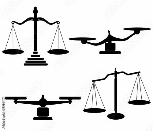 Scales of justice icon set. Scales icon collection. Law scale icon. Scales. Libra icon, on a white background