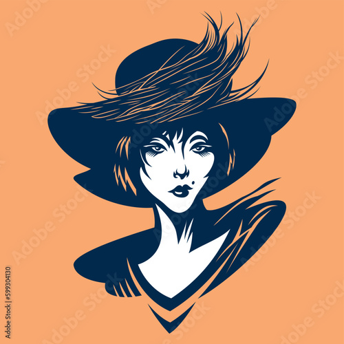 Concept art of an Asian Woman Fashion model in large Hat with Ostrich feathers. Silhouette sketch. Vector illustration