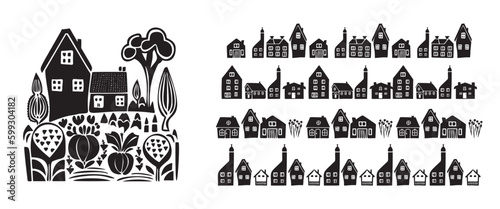 Quirky house with group of forest borders in vector motif organic style. Hand drawn whimsical linocut cityscape house for rural graphic.