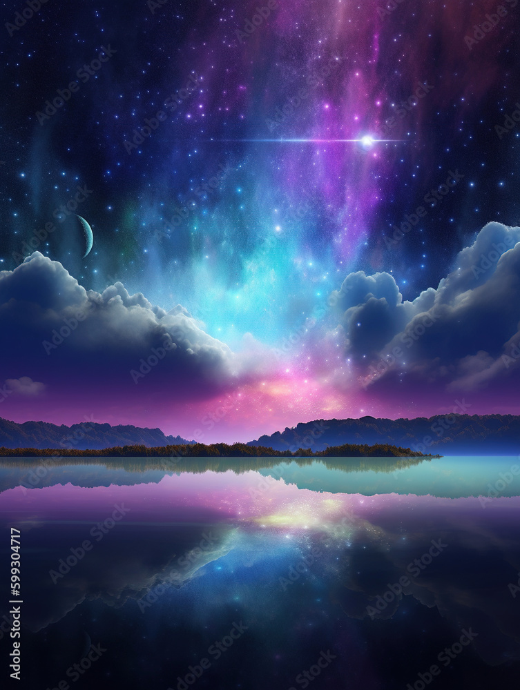 Mystic Foggy River Water Surreal Space Landscape. Surreal landscape reflecting on river water in space. Generative AI. 