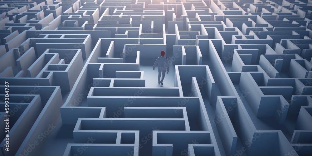 A maze with a human figure navigating through it, displayed against a challenging, problem-solving background, concept of Complexity, created with Generative AI technology A maze with a human figure navigating through it, displayed against a challenging, problem-solving background, concept of Complexity, created with Generative AI technology