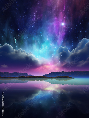 Mystic Foggy River Water Surreal Space Landscape. Surreal landscape reflecting on river water in space. Generative AI. 