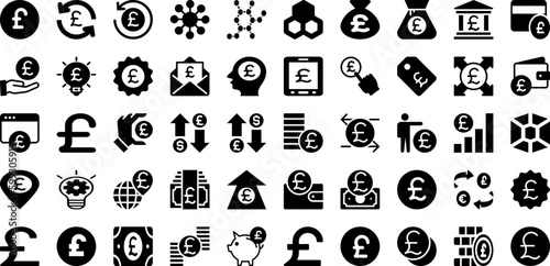 Pound Icon Set Isolated Silhouette Solid Icons With Icon, Cash, Sign, Currency, Pound, Symbol, Money Infographic Simple Vector Illustration