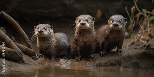 A family of otters playing in a riverbank den, concept of Animal behaviour, created with Generative AI technology © koldunova