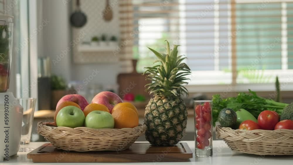 Fresh fruit, vegetables and blender on wooden table for making healthy detox smoothie. Detox, healthy, vegan food, dieting concept. Fresh fruit, vegetables and blender on wooden table for making healthy detox smoothie. Detox, healthy, vegan food, dieting concept.