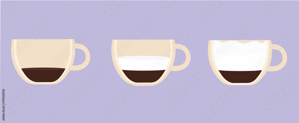 Glass of coffee and milk with whipped milk illustration