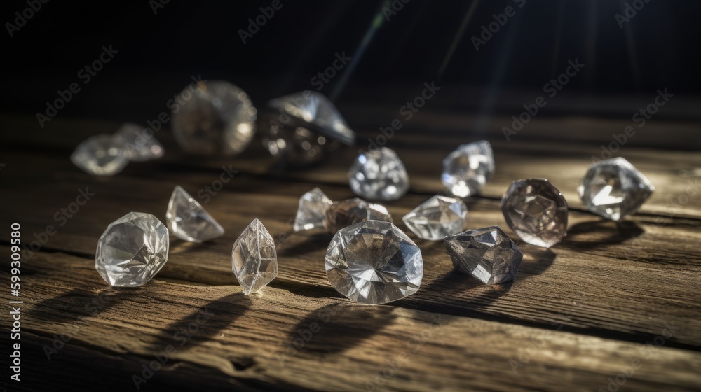 diamonds on an old wooden table. AI generated diamonds on an old wooden table. AI generated