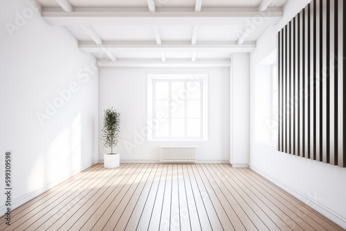White blank room mockup background for product presentation. Empty room with shadows of window. Display product with blurred backdrop. Generative AI. © julijadmi
