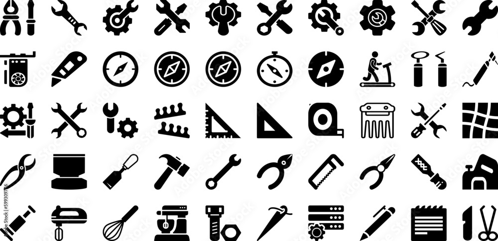 Tool Icon Set Isolated Silhouette Solid Icons With Work, Tool, Icon, Repair, Spanner, Wrench, Vector Infographic Simple Vector Illustration