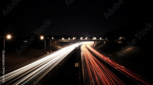 A long exposure photo of a highway at night. AI generated