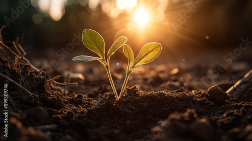 Macro view from the ground shows a seedling bursting. AI generated.