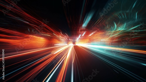Speed motion on night road image. AI generated.