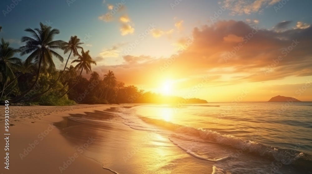 Beautiful sunrise over the tropical beach. AI generated