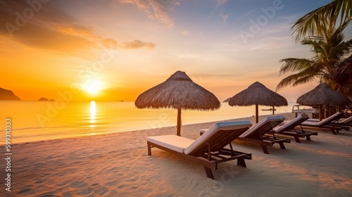 Beautiful sunrise over the tropical beach. AI generated © vadymstock
