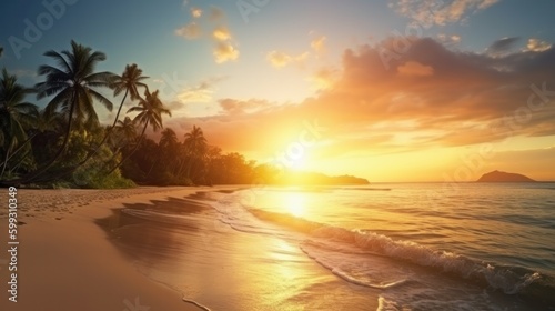 Beautiful sunrise over the tropical beach. AI generated © vadymstock