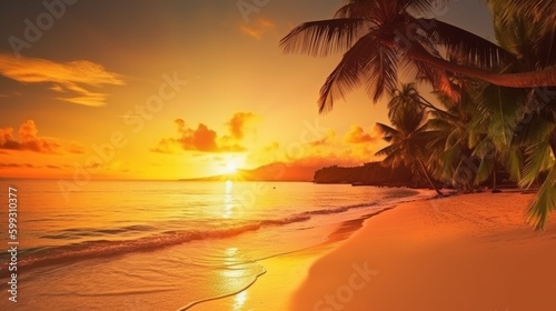 Beautiful sunrise over the tropical beach. AI generated