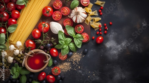 Italian food background. Italian cuisine. Ingredients on dark background Cooking. AI generated