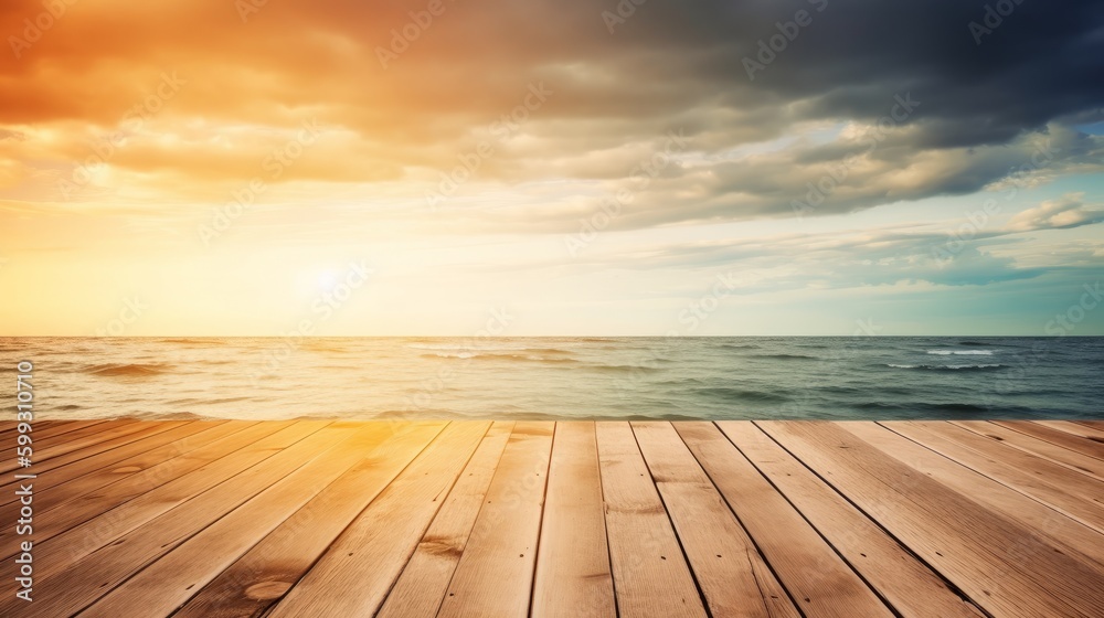 Art summer calm background. Sunset seascape and art beautiful wooden deck. AI generated.