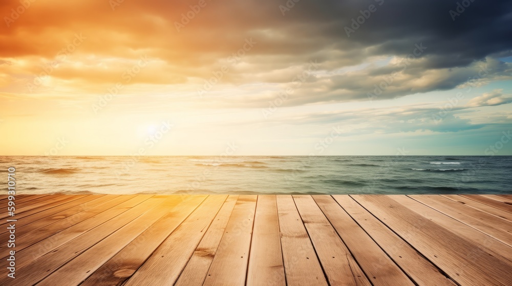 Art summer calm background. Sunset seascape and art beautiful wooden deck. AI generated. Art summer calm background. Sunset seascape and art beautiful wooden deck. AI generated.