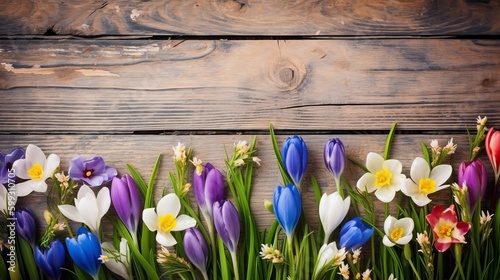 Spring blooming spring flowers on wooden background. AI generated.