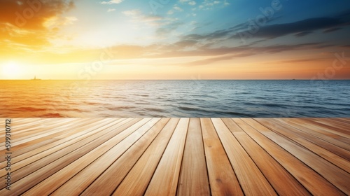 Art summer calm background. Sunset seascape and art beautiful wooden deck. AI generated.