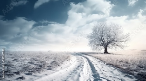 Winter landscape. Winter field road covered with snow. AI generated. © vadymstock