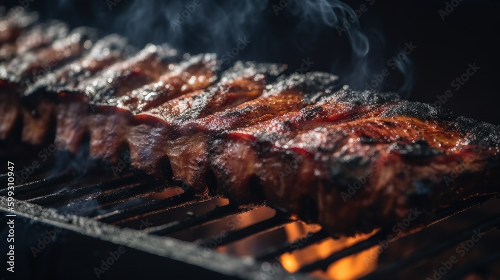 Bbq ribs grilled ribs on grill grate with fire. AI generated. Bbq ribs grilled ribs on grill grate with fire. AI generated.