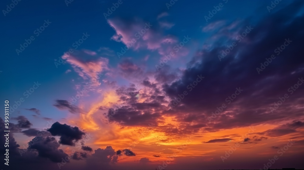 Fototapeta premium Utterly spectacular sunset with colorful clouds lit by the sun. Bright epic sky. AI generated.