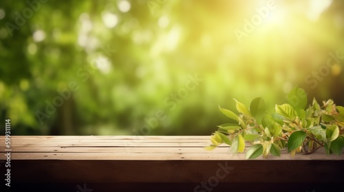 Beautiful spring background with green juicy young foliage and empty wooden table. AI generated.