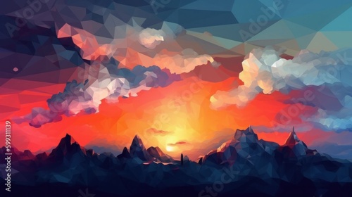 Utterly spectacular sunset with colorful clouds. Bright epic sky in polygonal style. AI generated.