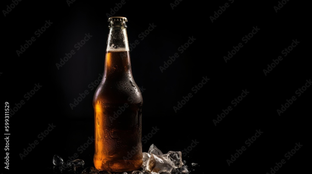 Bottle of beer in ice on a black background. AI generated. Bottle of beer in ice on a black background. AI generated.