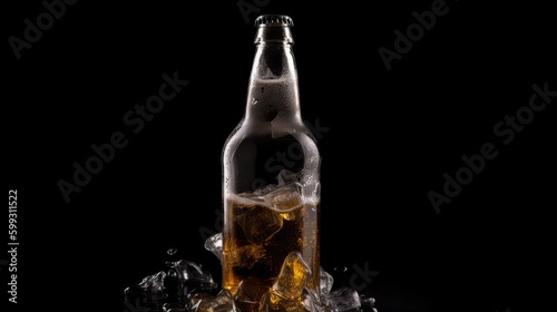 Bottle of beer in ice on a black background. AI generated.