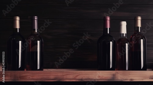 Bottles of red wine on a wooden shelf banner background. AI generated.