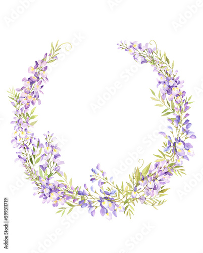 Watercolor wisteria wreath. Hand drawn isolated on white