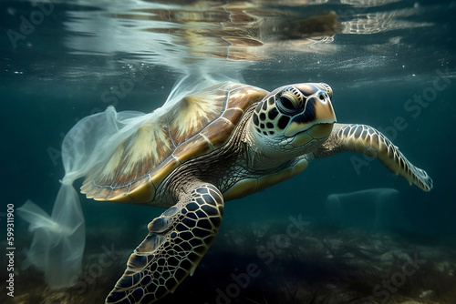 Turtle's back covered with plastic bag. Plastic pollution in ocean environmental problem, poisoning the waters of sea. Global Protection problem. Marine environment pollution. Generative AI