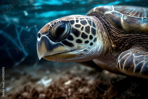 Close-up photo of a turtle floating in sea ocean waters. Protecting animals, marine environment pollution. Generative AI 