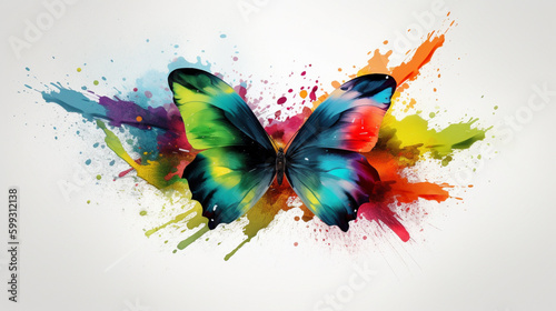 Colorful butterfly with paint splashes on white background. © B-Ast-BRT