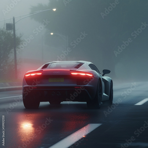 The car is driving along a gloomy road in the rain. Cinematic scene with deep dark tones and cinematic lighting. High quality photo Generative AI