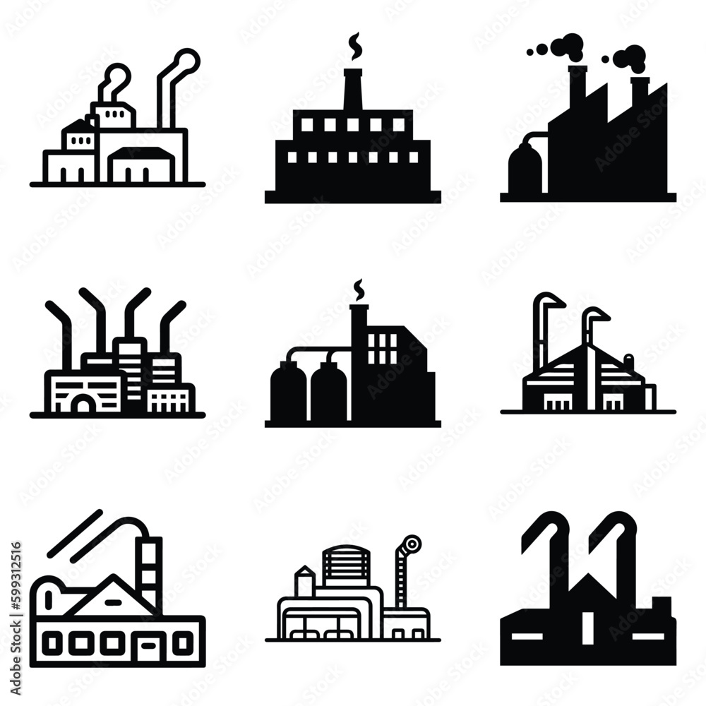 Factory Flat Icon Set Isolated On White Background