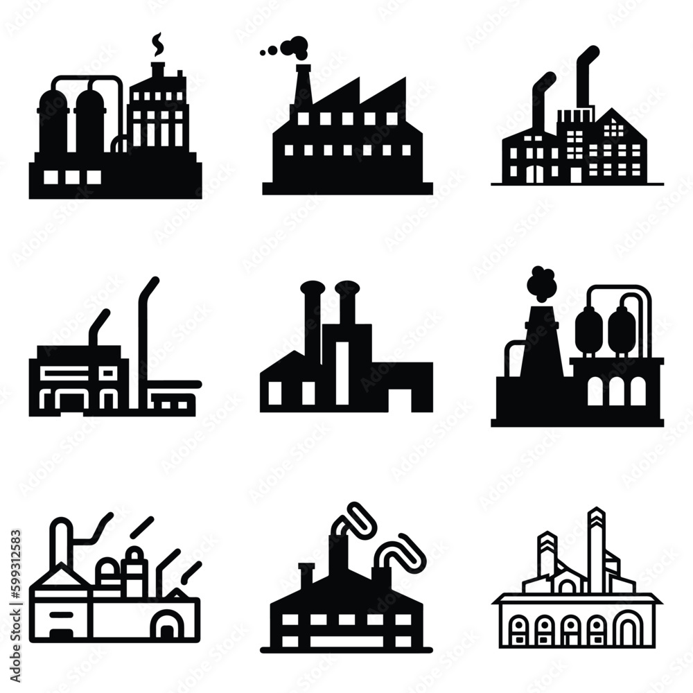 Factory Flat Icon Set Isolated On White Background