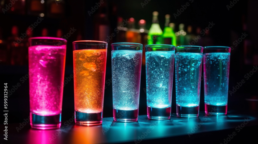 6 leuchtende klare Drinks in einer Bar. Generative Ai. 6 leuchtende klare Drinks in einer Bar. Generative Ai.